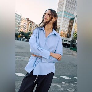 NWT Zara Blue Cotton Oxford Button-Up Shirt